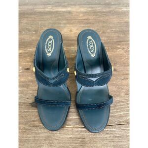 Tod’s Women “Ritz” Navy Blue Suede Heel Sandals, size 8.5